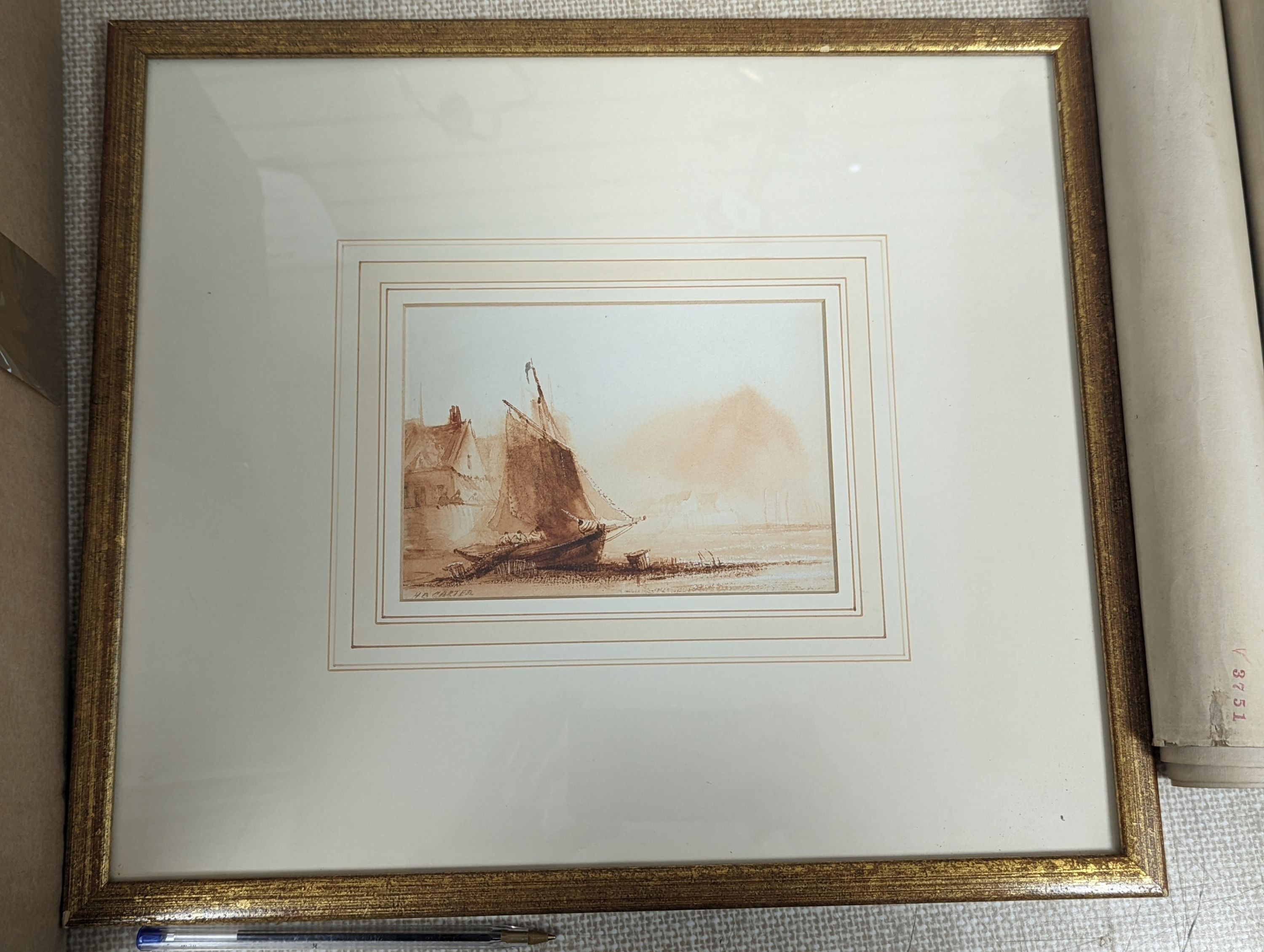 Henry Barlow Carter, (1803-1867), ‘Sailing Vessel on a Beach’, framed sepia watercolour, signed. 11x16cm